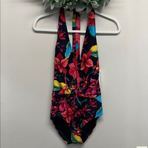 NWT Tropical Escape Palm Prints Knot Front One Piece Halter Swimsuit 10